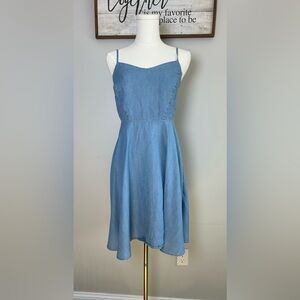 Old Navy chambray fit & flare dress smocked back spaghetti strap blue size SP